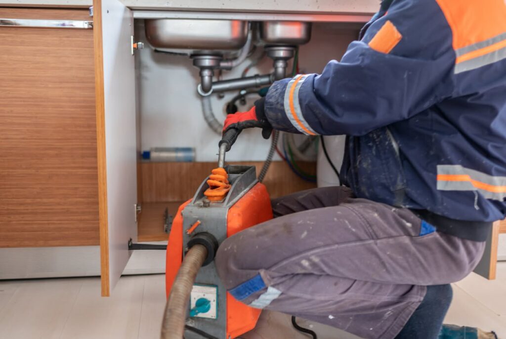 Doctor Drips technician clearing a blocked drain with a powered cable machine